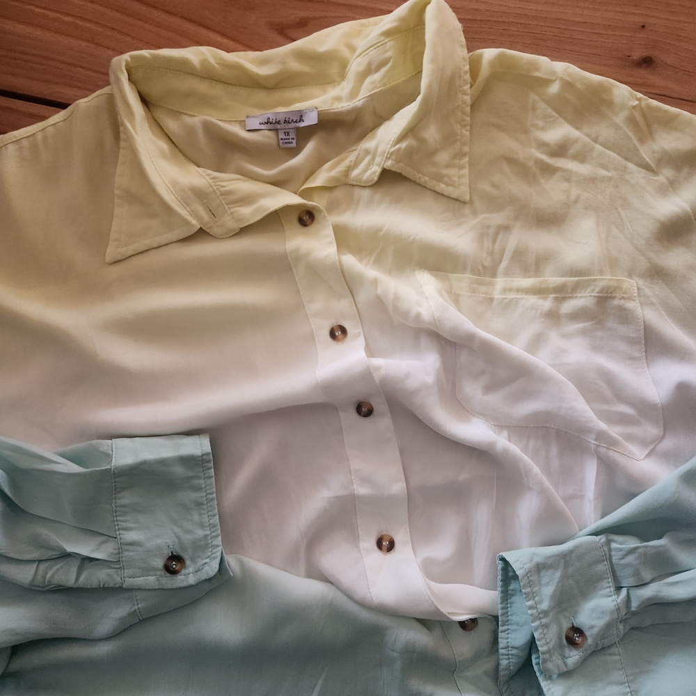 NWOT White Birch Dip Dye Button Down Rayon Top/Blouse Yellow and Green - 1X/2X